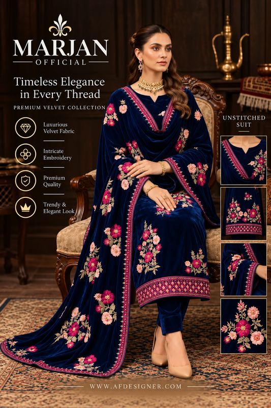 Marjan Original Velvet Embroidered 3 Piece Suit – Premium Winter Collection