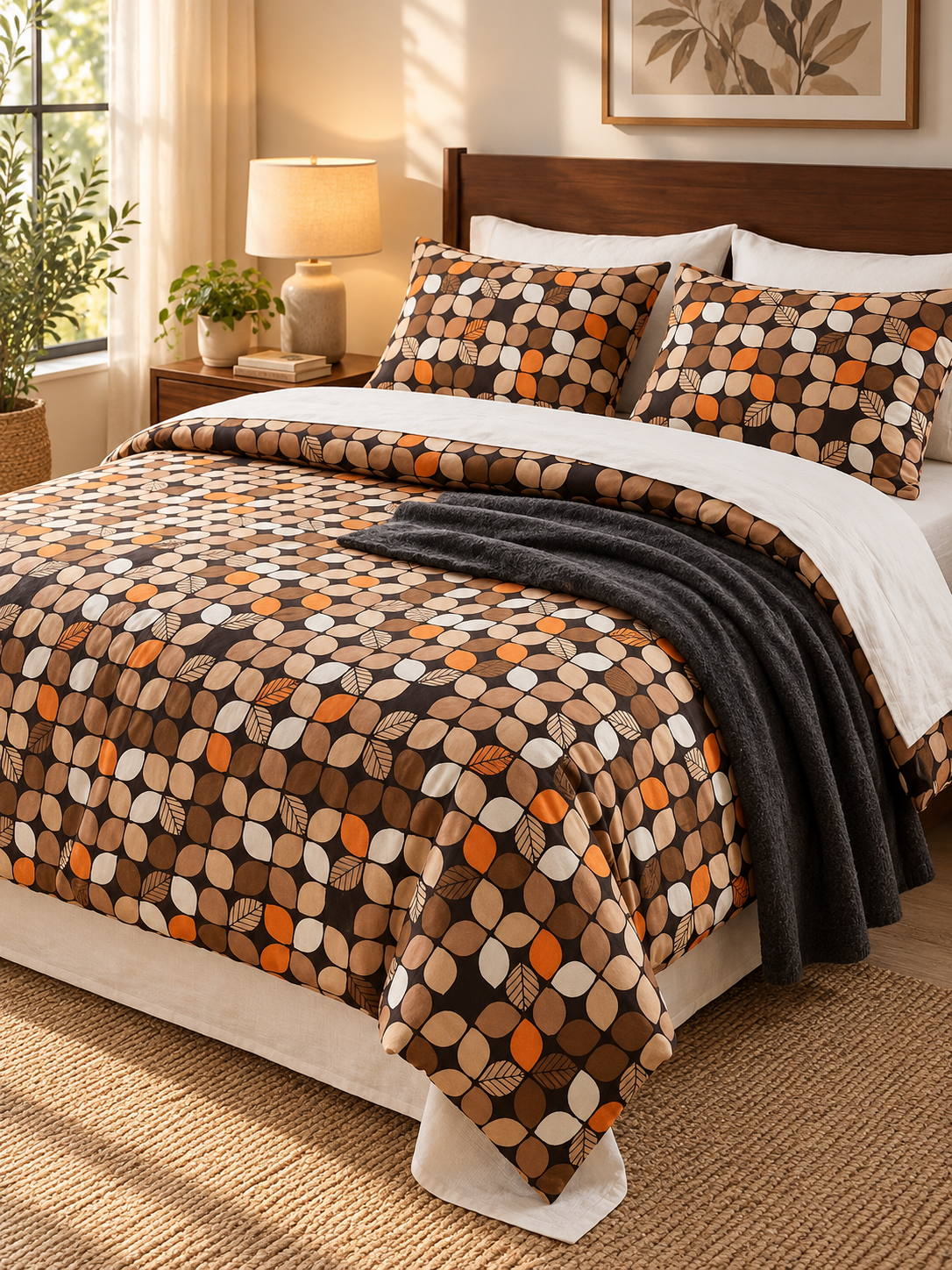Brown Geometric King Size Fitted Bedsheet Set
