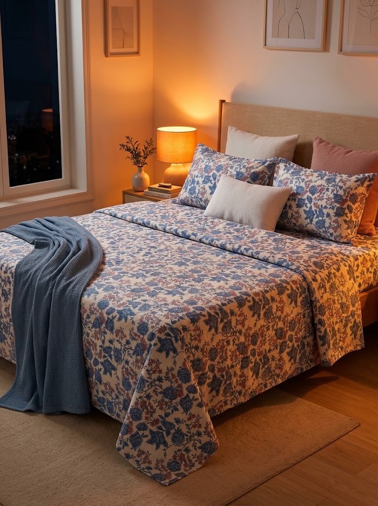 Ideas Blue Blossom Floral Bedsheet | A.F Designer