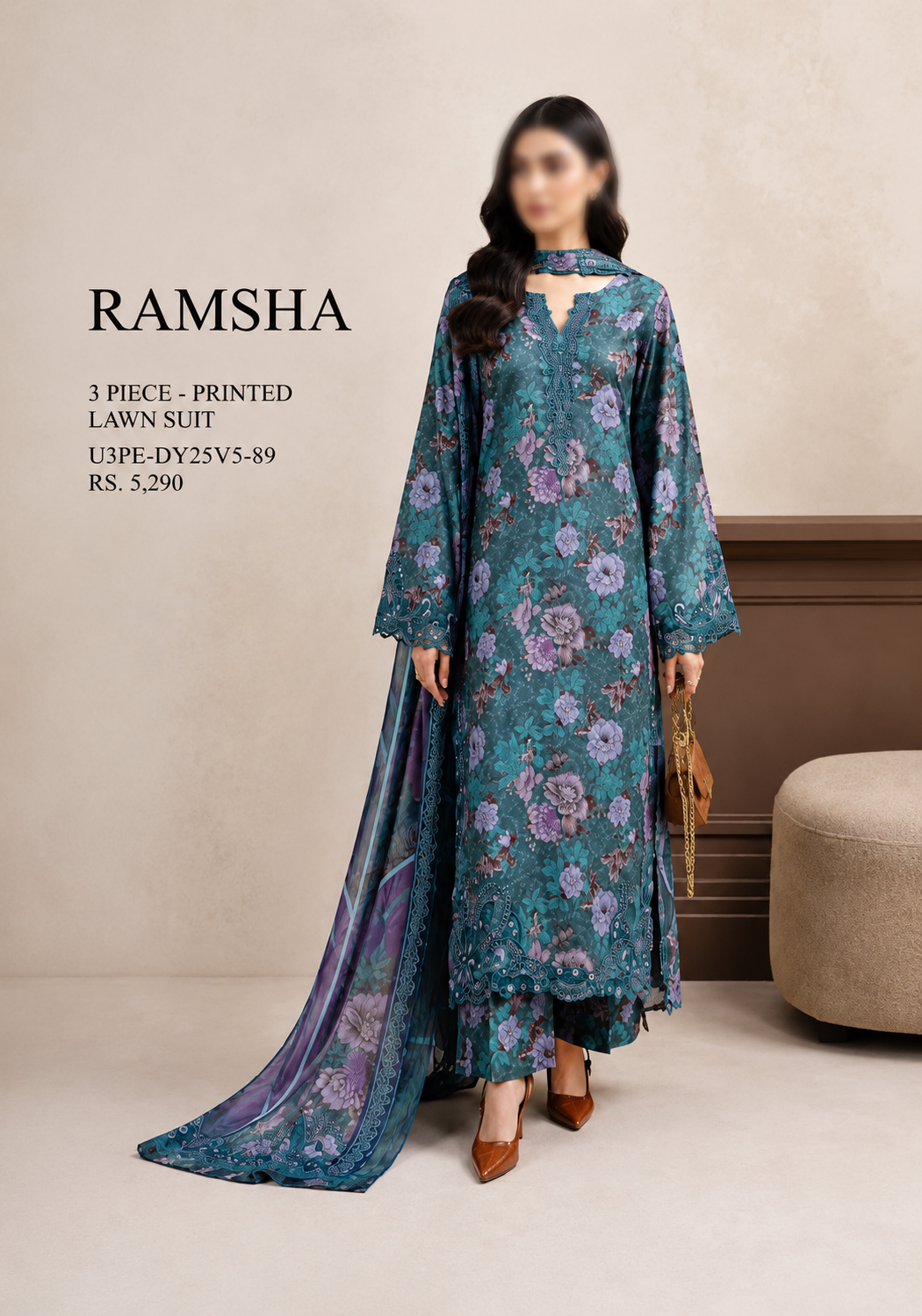 Ramsha lawn Embroiderey 3 piece Unstitched order code (Af-18)