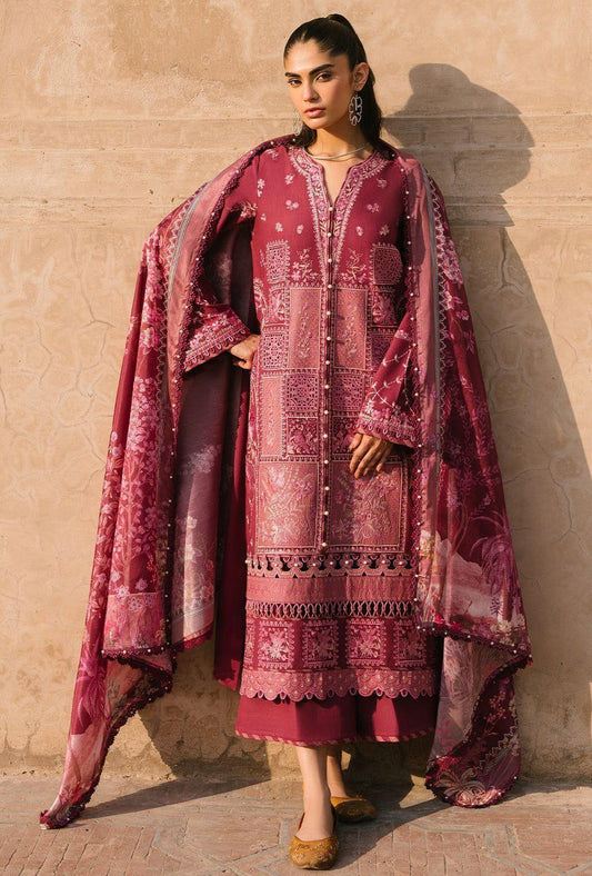 Bin Ilyas Maroon Luxury Lawn Chikankari 3-Piece Unstitched Suit