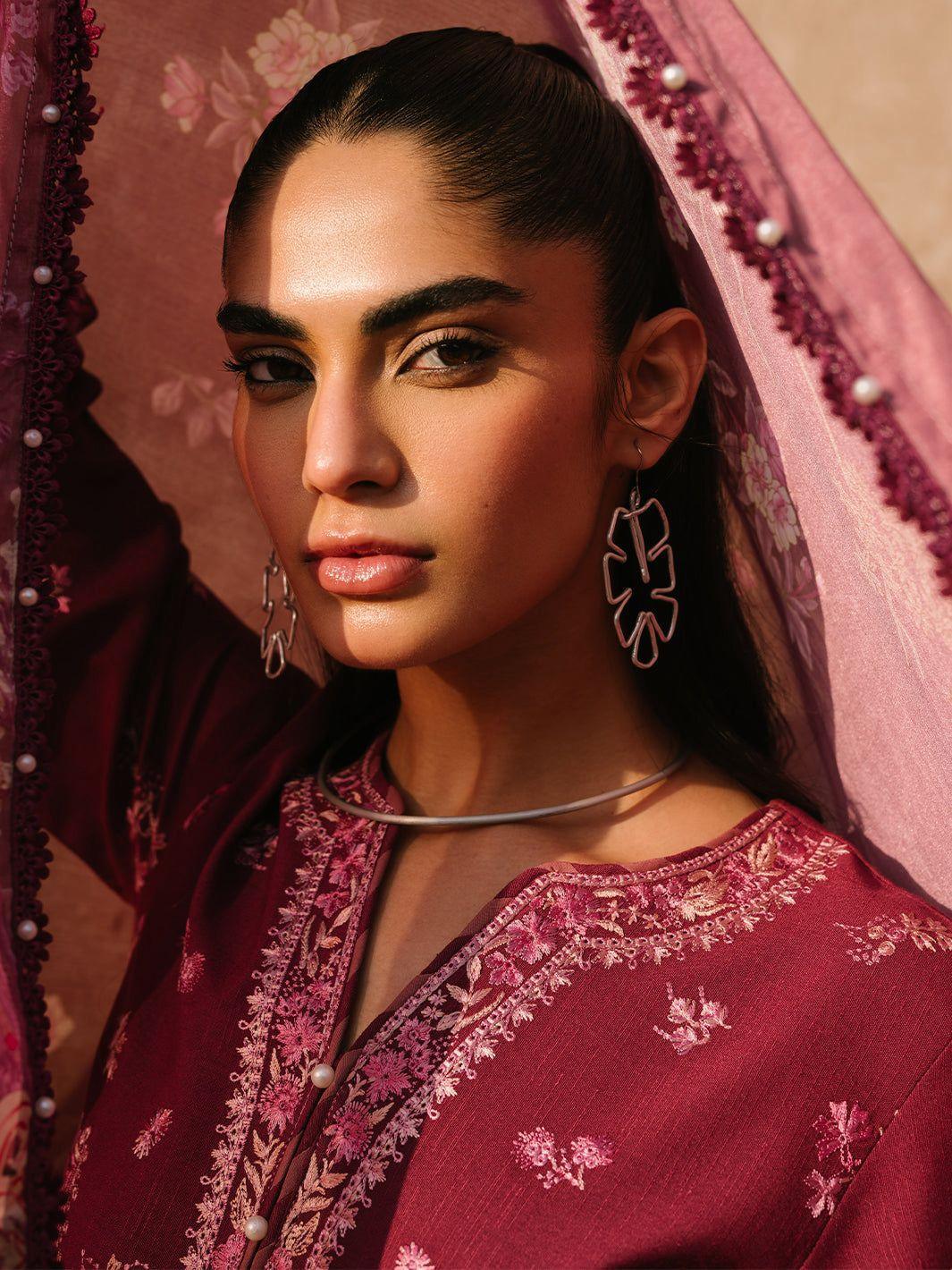 Bin Ilyas Maroon Luxury Lawn Chikankari 3-Piece Unstitched Suit