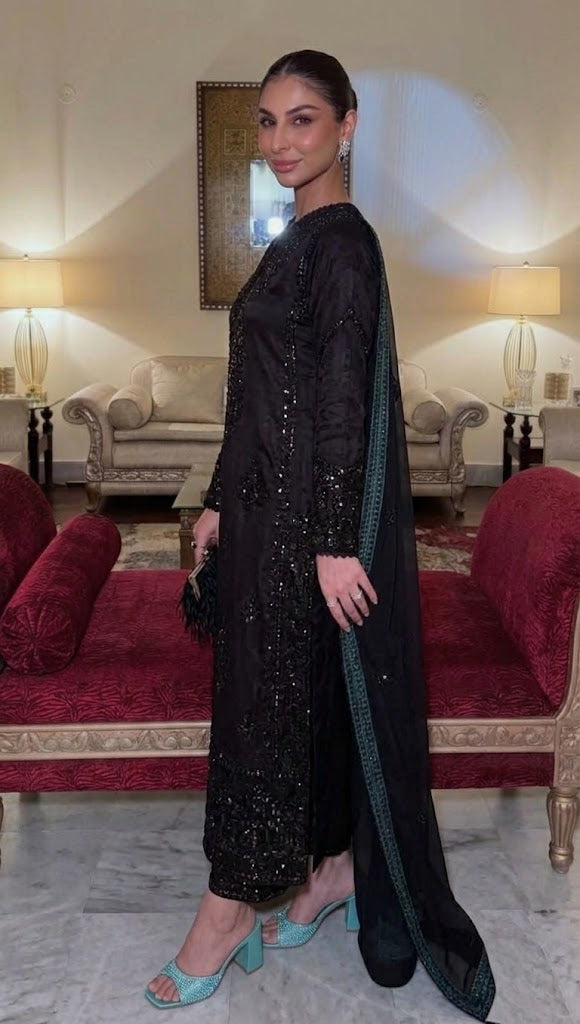 Black Embroidered 3 Piece Unstitched Formal Raw Silk