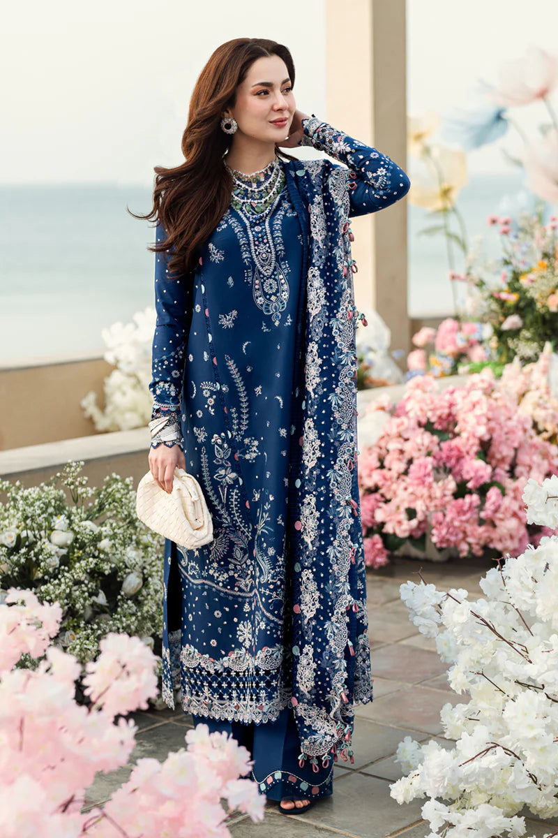 Qalamkar Blue Embroidered 3-Piece Suit with Embroidered Shawl