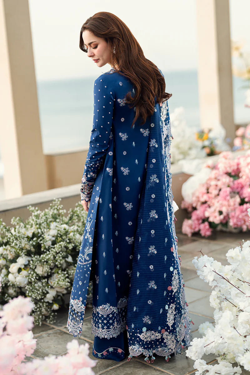 Qalamkar Blue Embroidered 3-Piece Suit with Embroidered Shawl