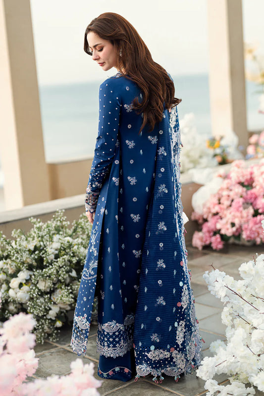 Qalamkar Blue Embroidered 3-Piece Suit with Embroidered Shawl