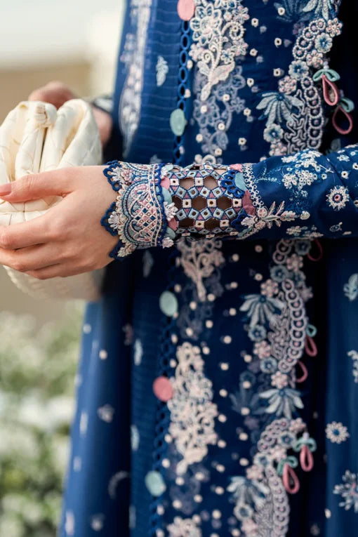Qalamkar Blue Embroidered 3-Piece Suit with Embroidered Shawl