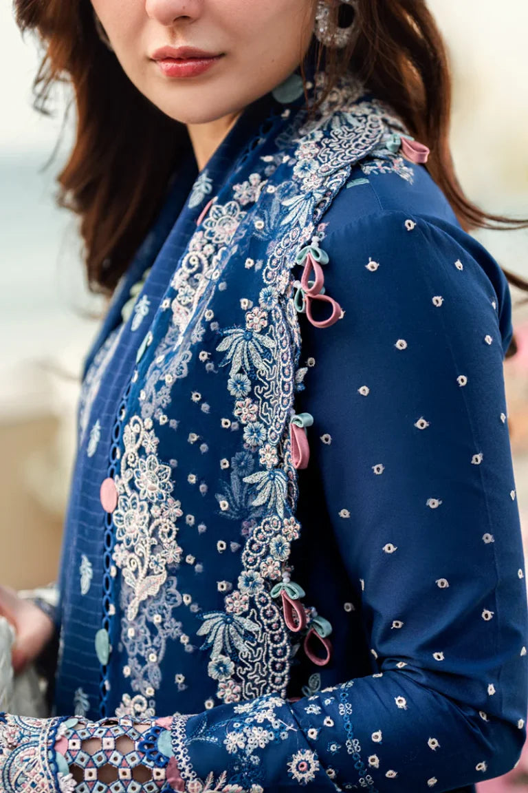 Qalamkar Blue Embroidered 3-Piece Suit with Embroidered Shawl