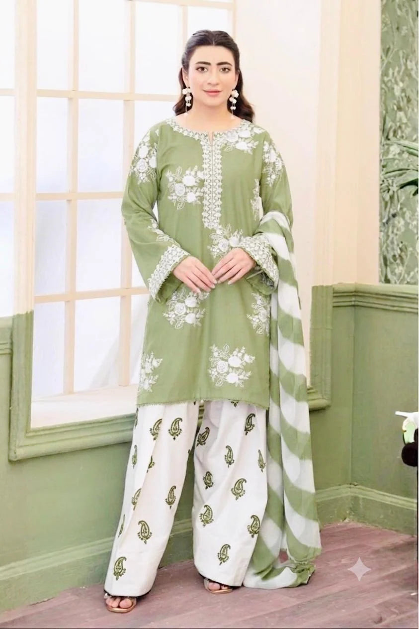 3 Piece Unstitched Lawn Embroidered Shirt & Trouser with Printed Dupatta